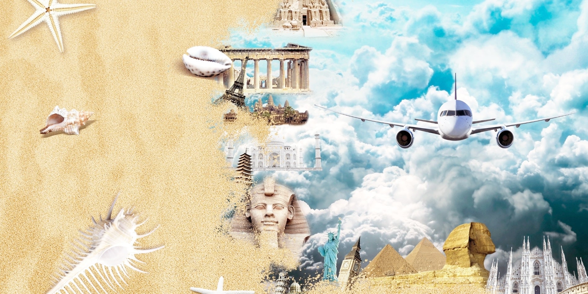 Travel resources header imagewith various locations around the world and and an airplane flying through clouds