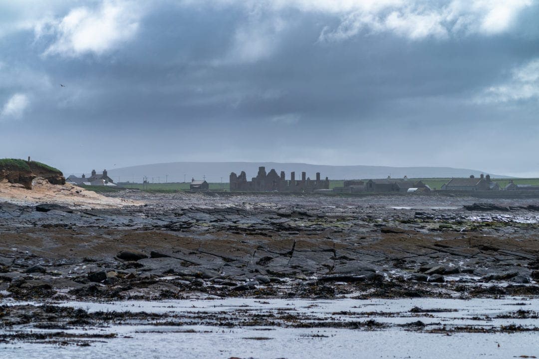 Birsay Earls Palace ruins in distance