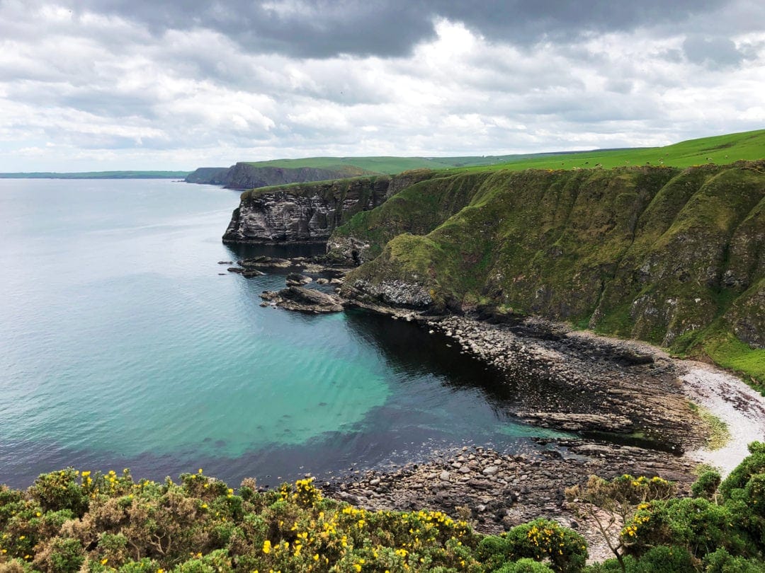 Downie Bay at Troup Head - small craggy bay surrounding by steep green cliffs