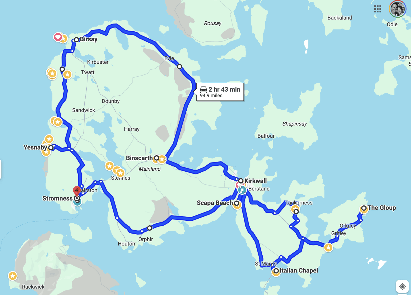 Map of Orkney showing distance around Orkney