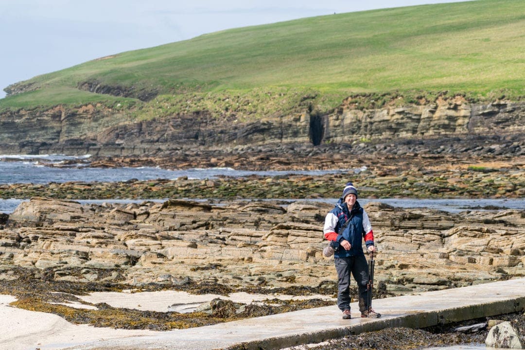 Lars stood on causeway to the Brough of Birsay