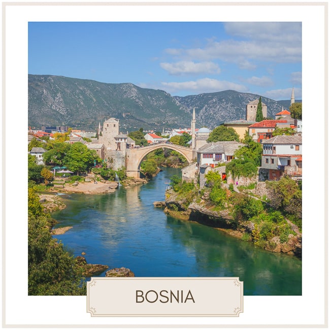 Destination Bosnia and Herzegovina  image with Mostar bridge in the background