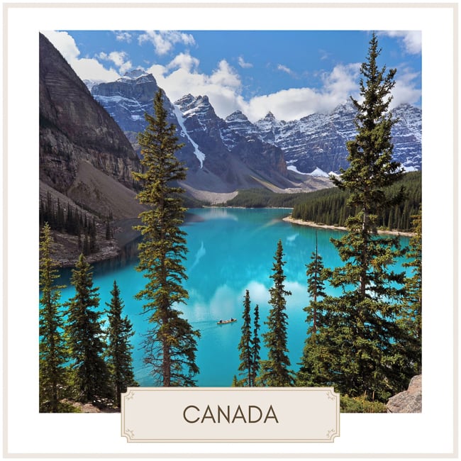 Destination Canada  with image of lake surrounded by pine trees and mountains