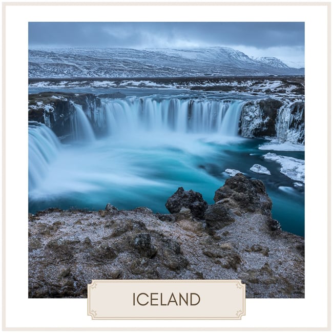 Destination Iceland and image of horseshoe shaped waterfall
