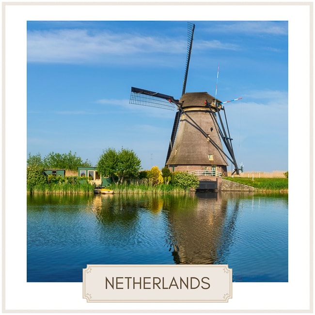 Netherlands destination image with a windmill beside a river