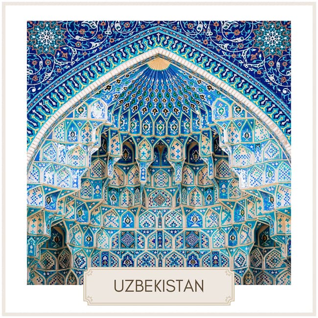Uzbekistan Destination photo of blue and white intricate tiling 