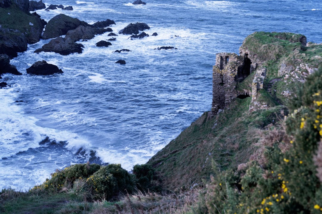 Findlater-Castle ruins on a rocky promontory with a 50 ft drop down to the ocean