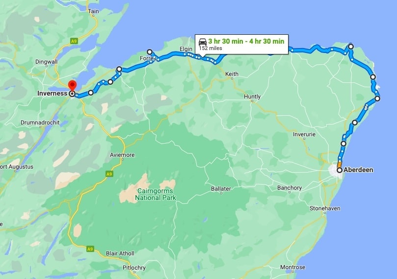 Inverness to Aberdeen Coastal Route blue line showing route on a map