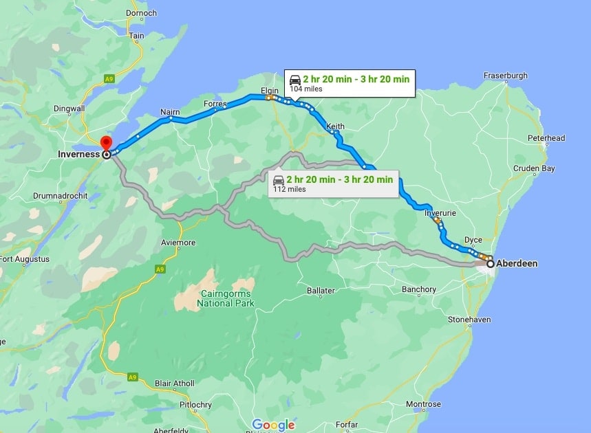 Inverness to Aberdeen Fastest route blue line showing route on Scotland map