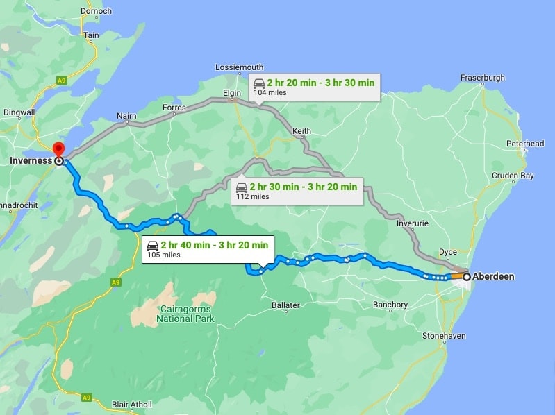 Inverness to aberdeen via Cairngorms