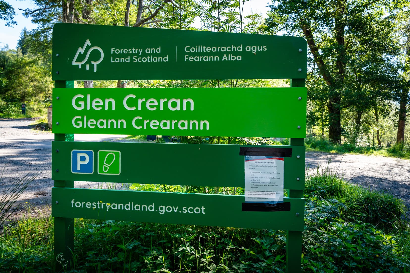 Glen Creran parking sign in a forest