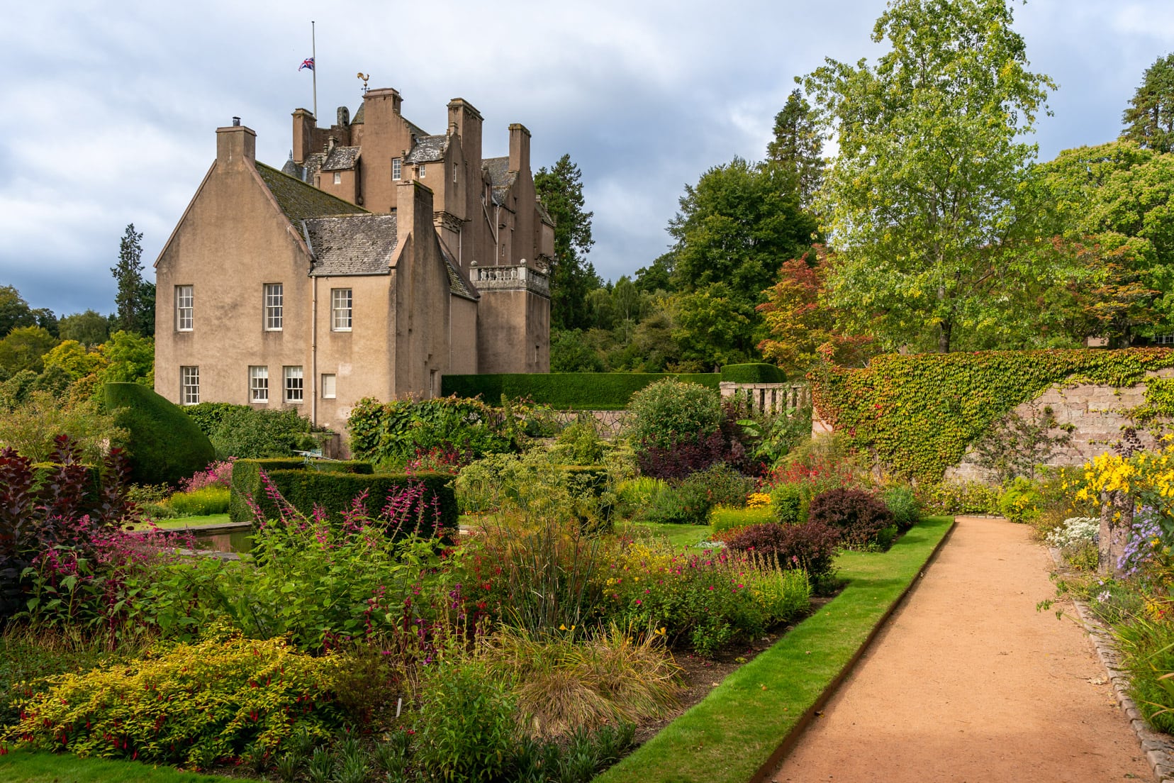 Aberdeenshire castle, Crathes-Castle-Gardens seen from the gardens
