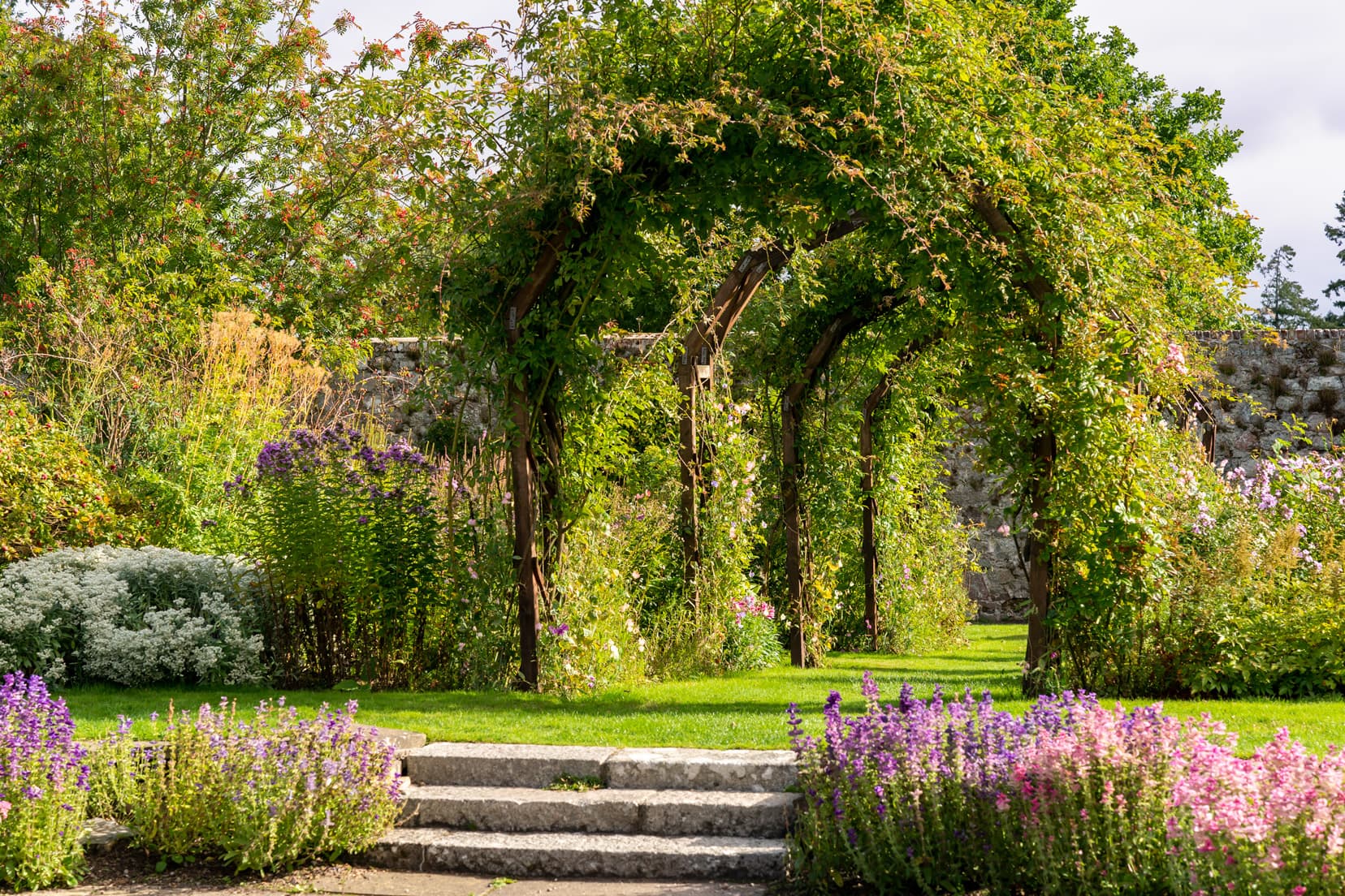 Castle near Aberdeen — Drum Castle gardens with arch ways of green vines