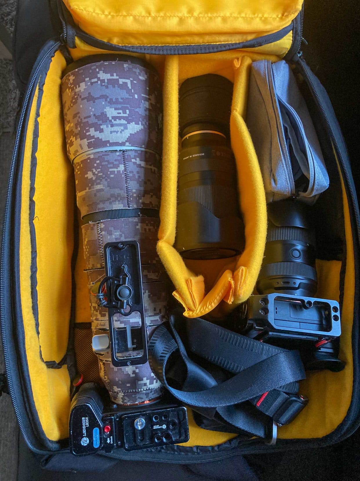 inside a camera bag with camera and lenses