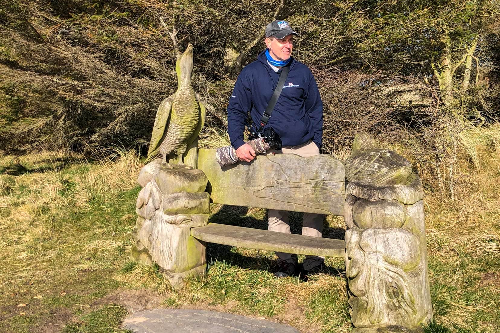 Forvie Nature reserve bench with a bird carved at each end