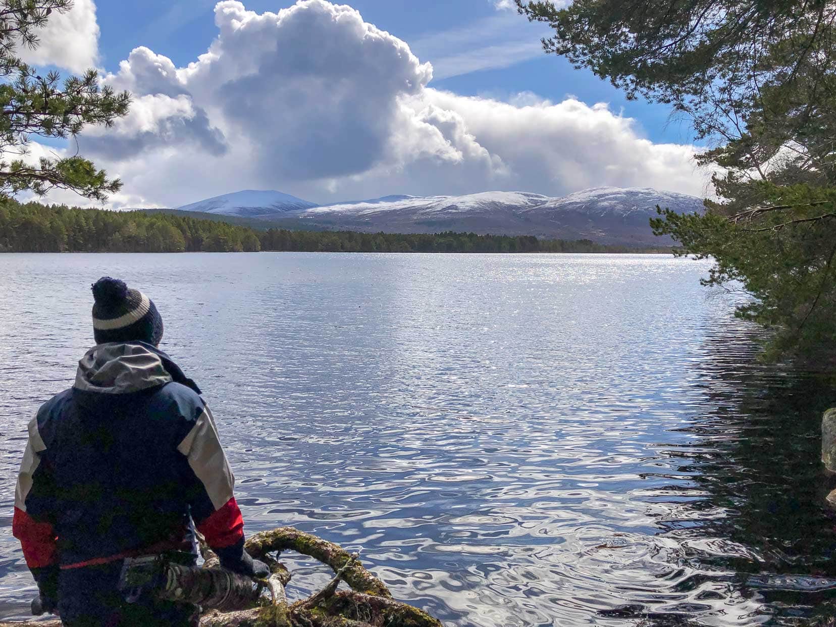 Lars looking out onto Loch Garten and the views of snow topped mountains in the distance