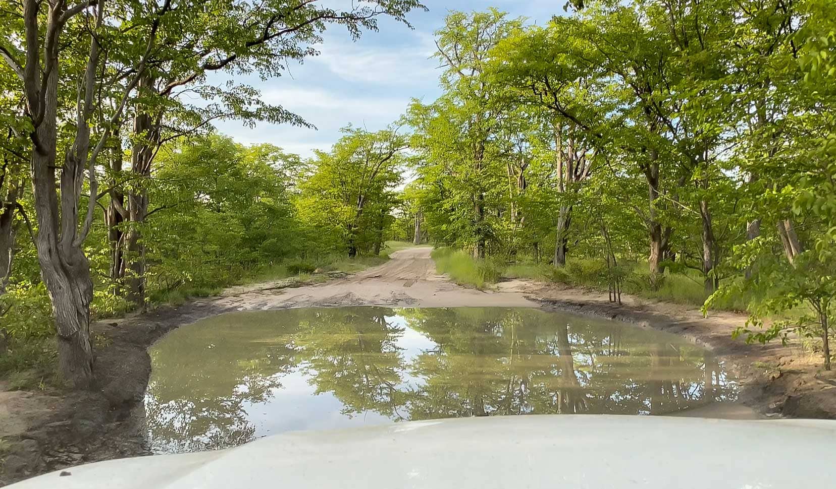 A flooded track between South Gate and Xakanaxa Camp in Botswana