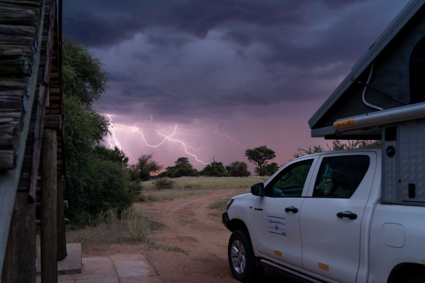 Camping in the Kgalagadi Transfrontier park with lightning in the sky