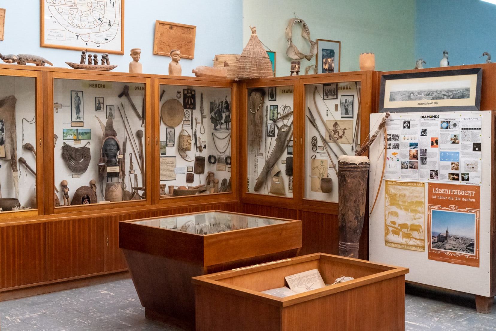 Display cabinet at the Luderitz museum containing artifacts of the local indigenous people