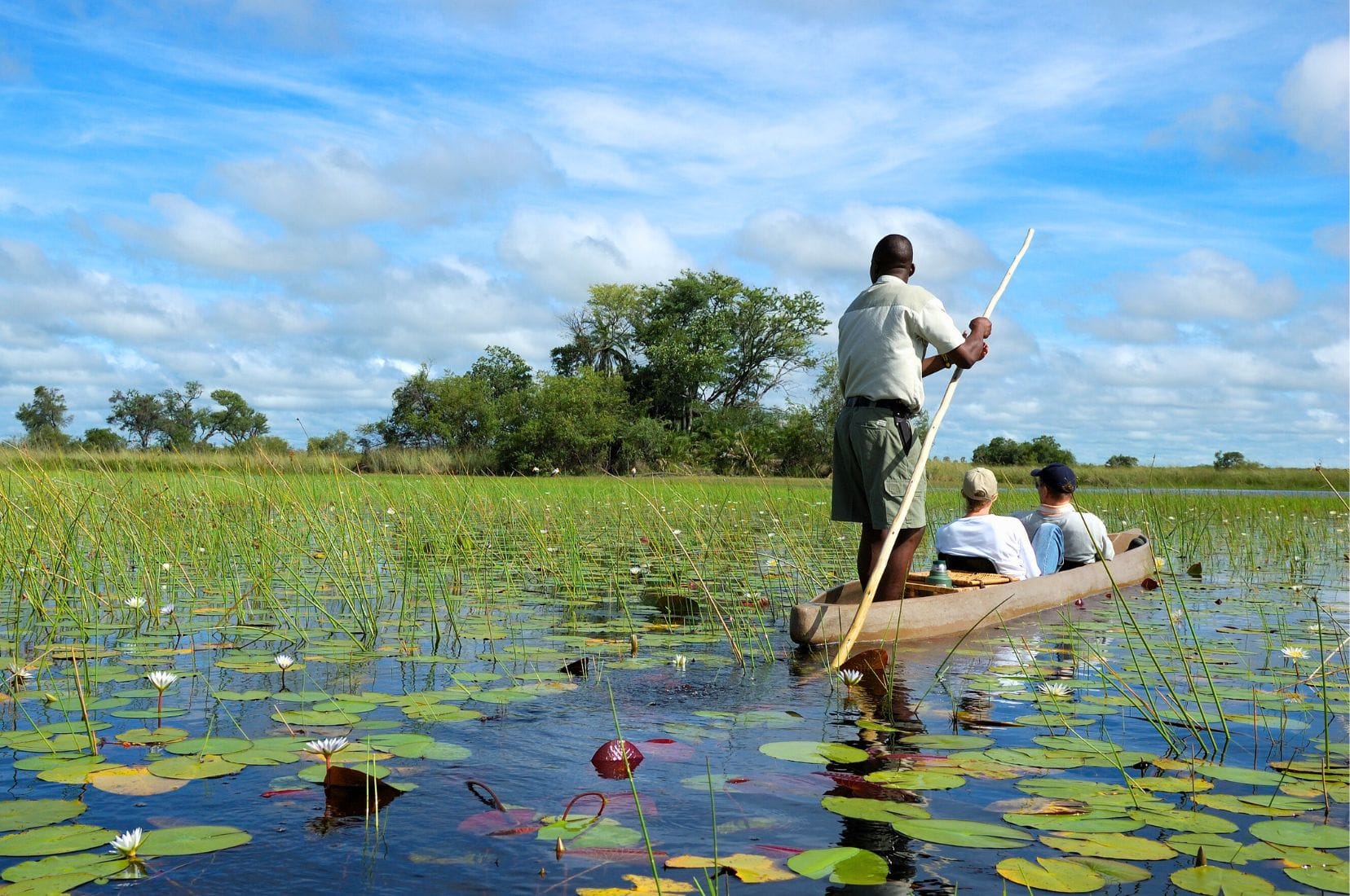 a couple riding in a mokoro - a dug out canoe - with a poler stood at the stern steering through the Okavango waterways filled with waterlillies