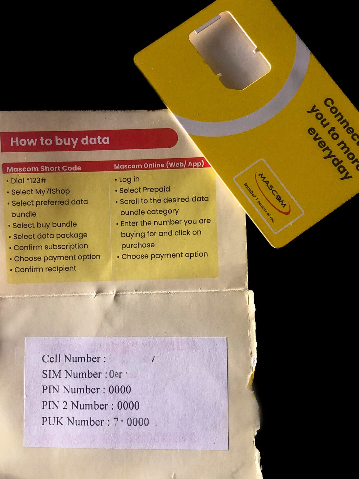 Botswana's MASCOM mobile phone SIM card package including important SIM card numbers