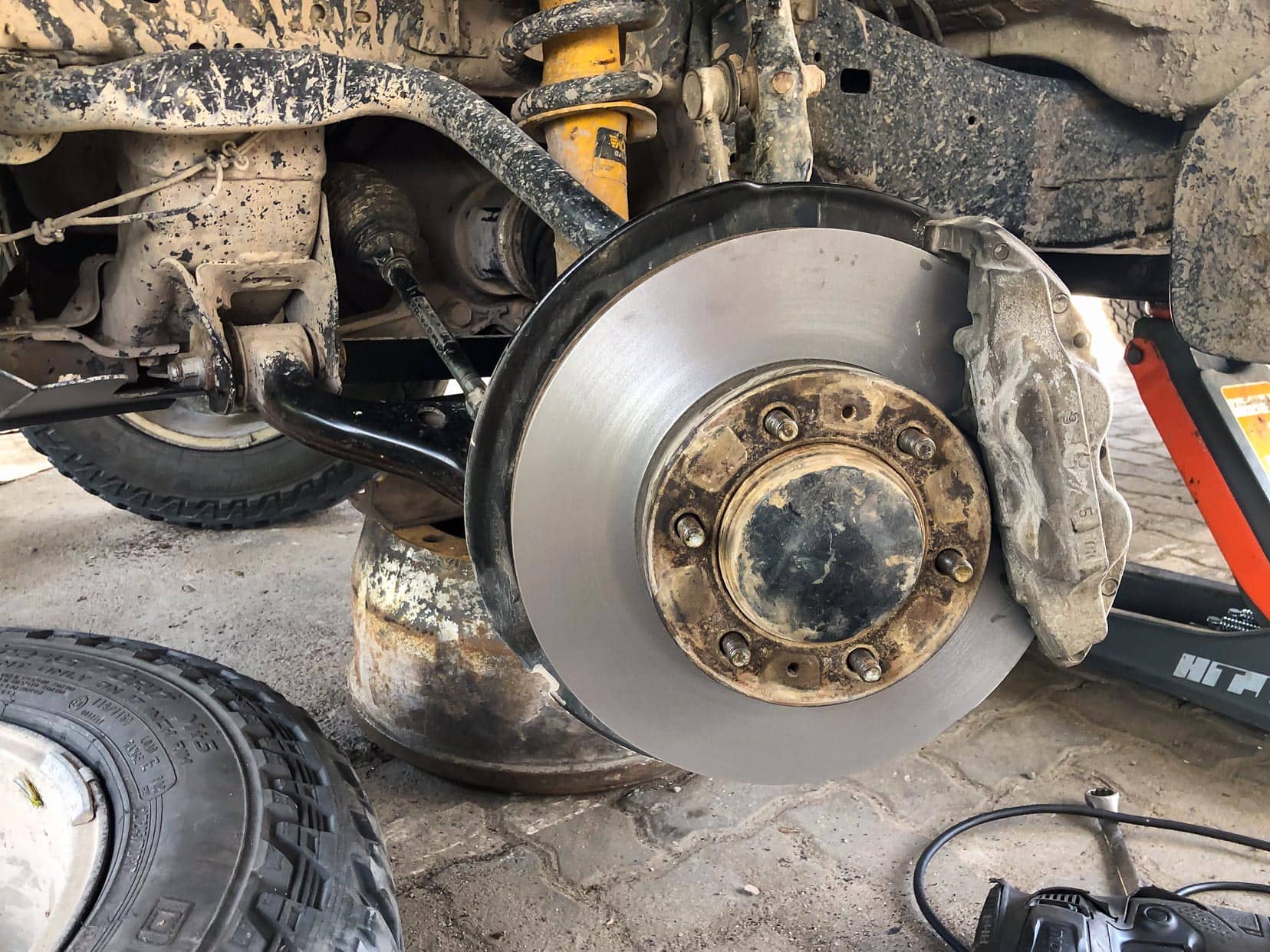 front disc rotor on a 4x4 that has been skimmed and assembled back on the vehicle