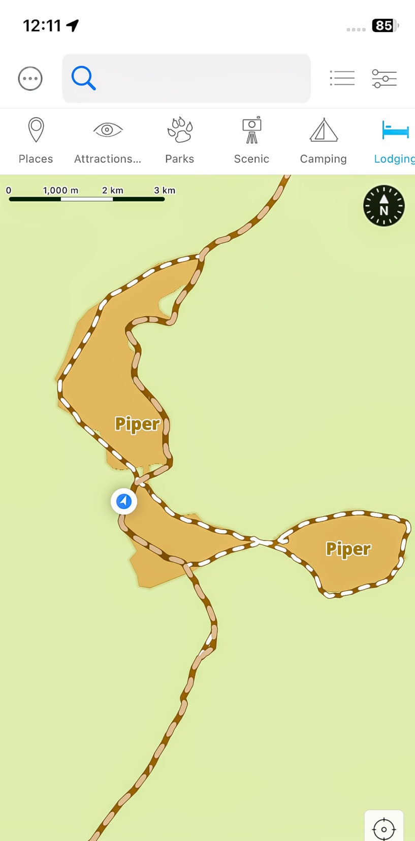 Topographical map showing a real time position of a pan in Botswana