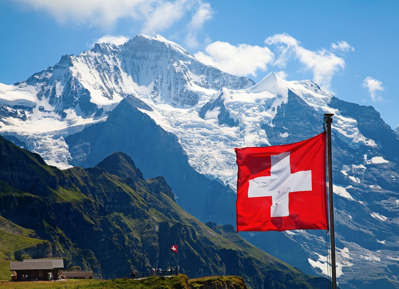Snowy mountain and swiss flag