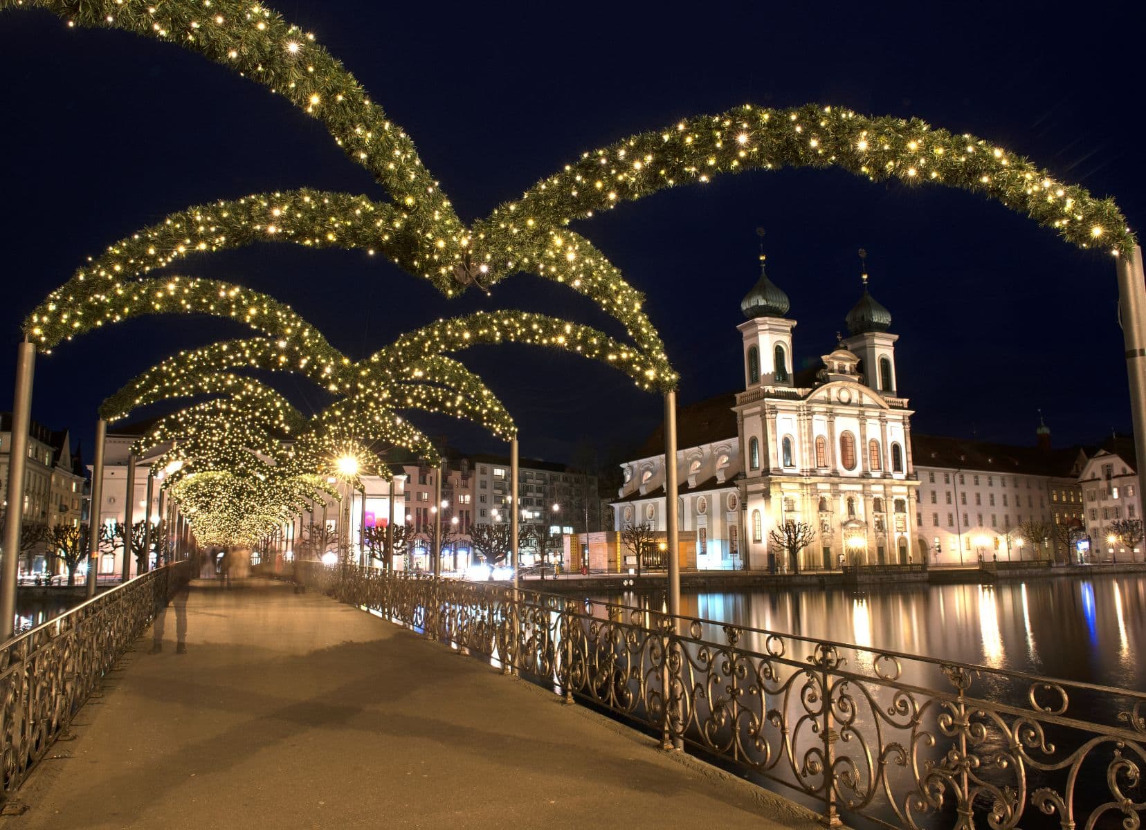 Christmas lights over a bridge in Lucerne