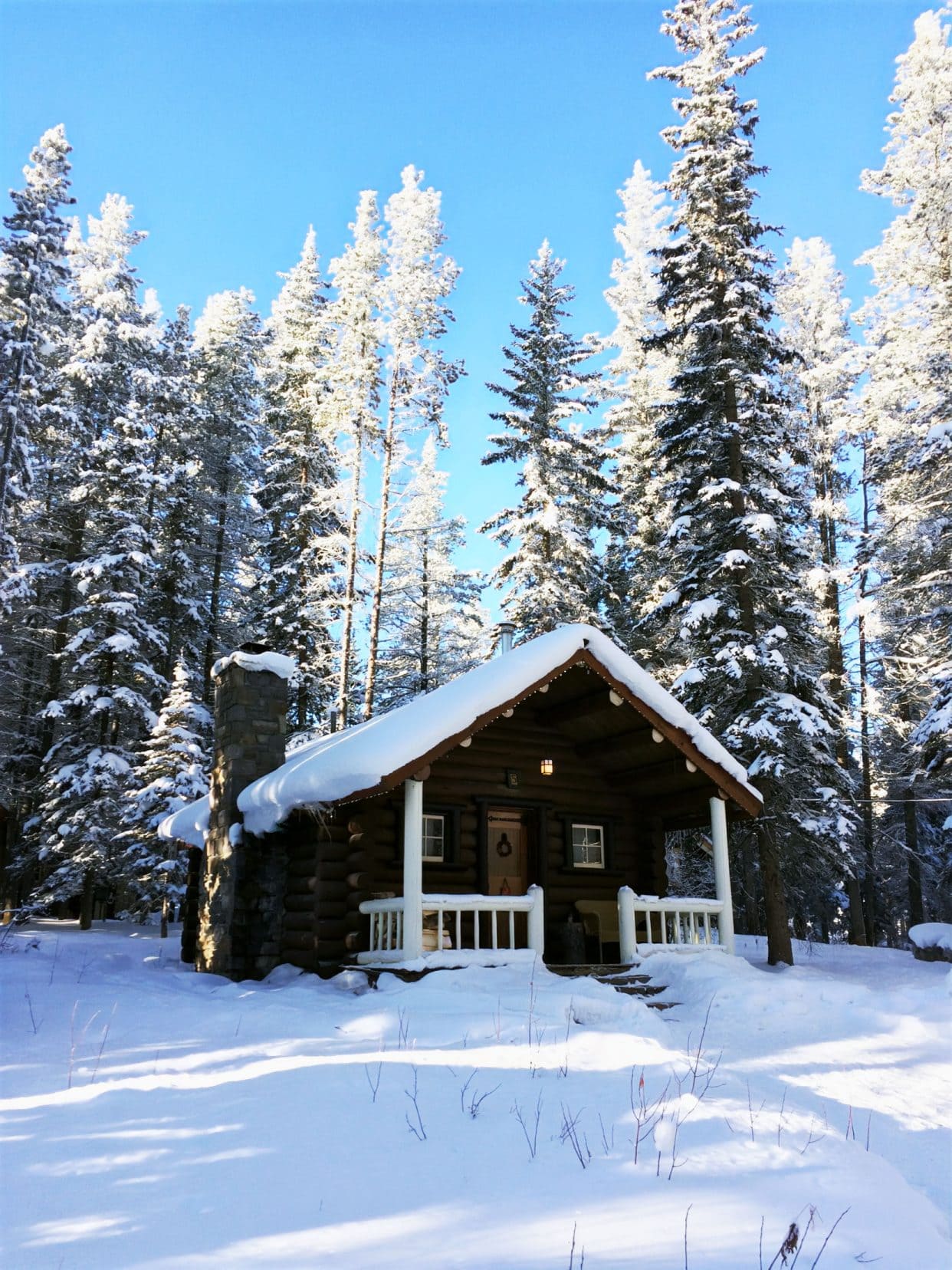Log cabin in the snow at Banff national Park, Canada