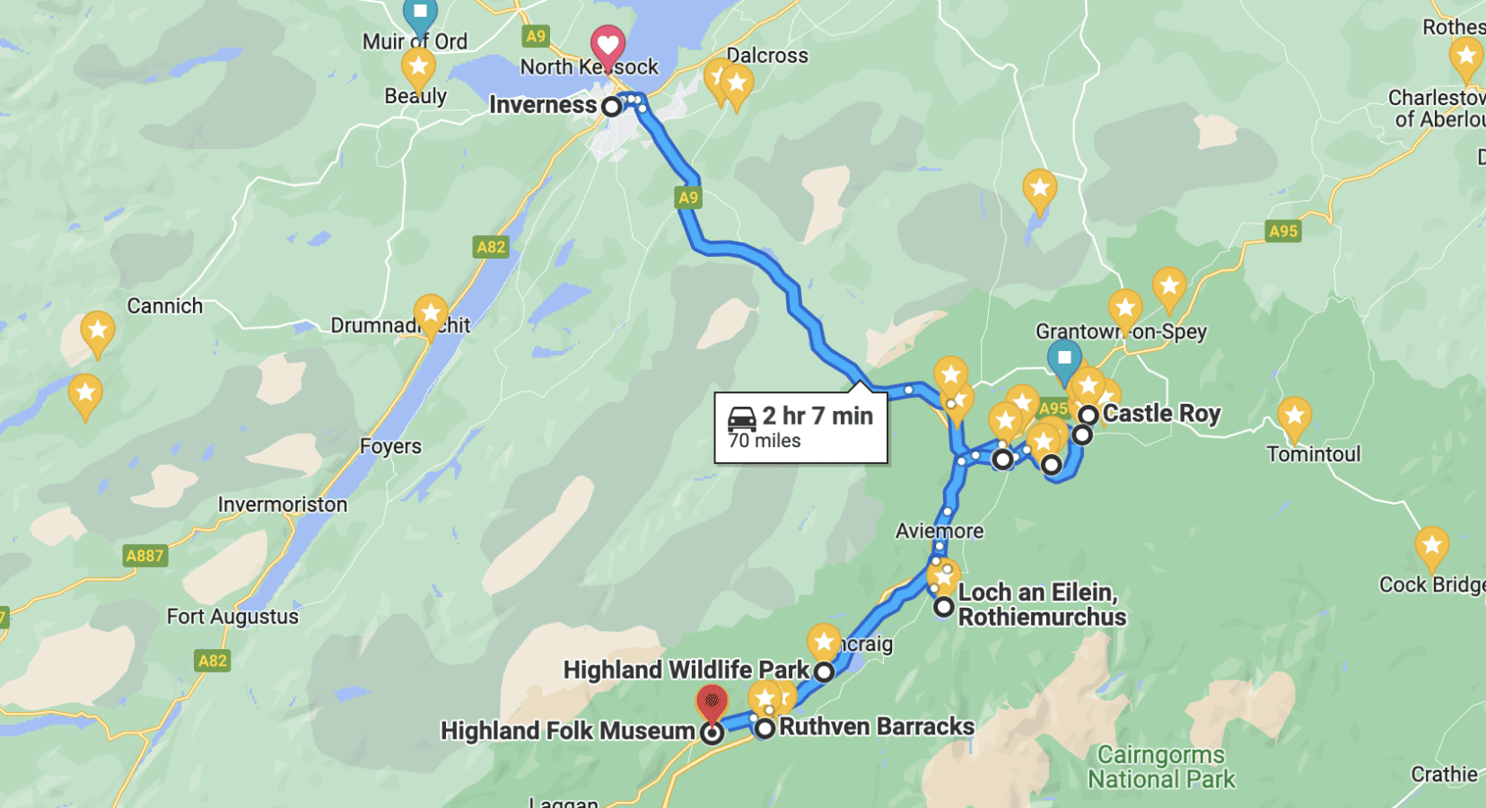 Inverness road trip route 4 image from Google maps