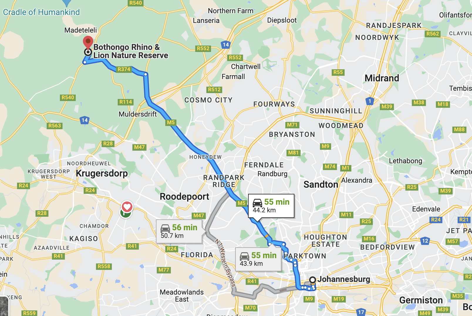 Google maps showing directions from Johannesburg to Bothongo rhino and lion nature Reserve