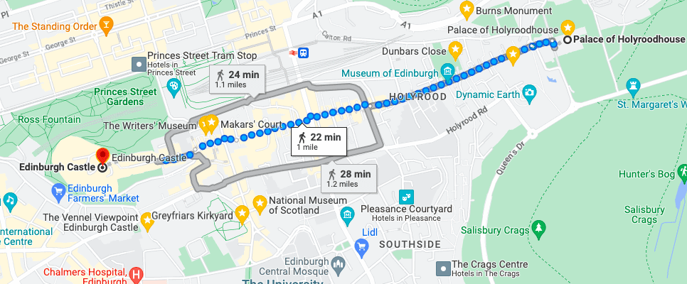 map showing route from Holyrood Palace to Edinburgh Castle and time 22 minutes walking along Royal Mile