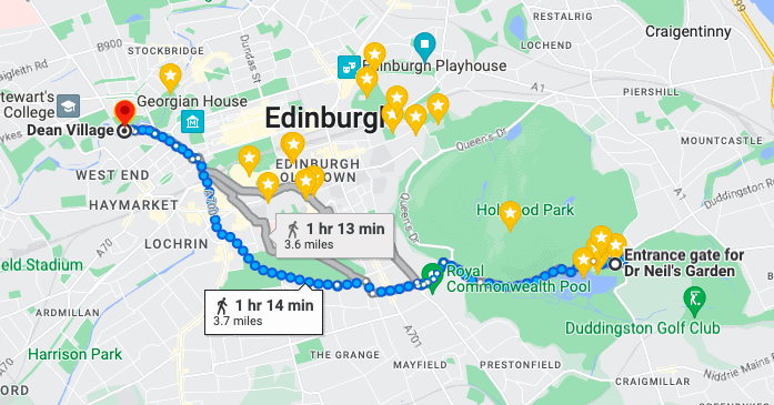 map showing route from Dean Village to Duddingston Village and time of 1 hour 13 mins walking 