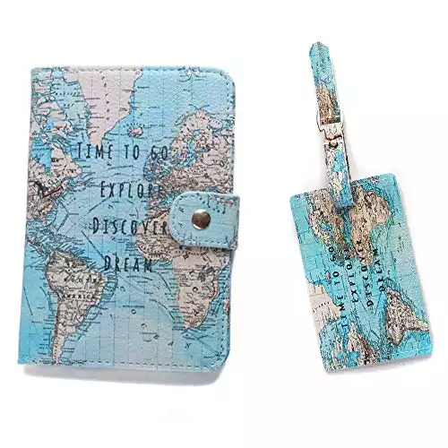 Passport Cover & Matching Luggage Tag Travel Wallet Case with Card Slots/Documents Travel Holder/Snap Closure Button,World Map
