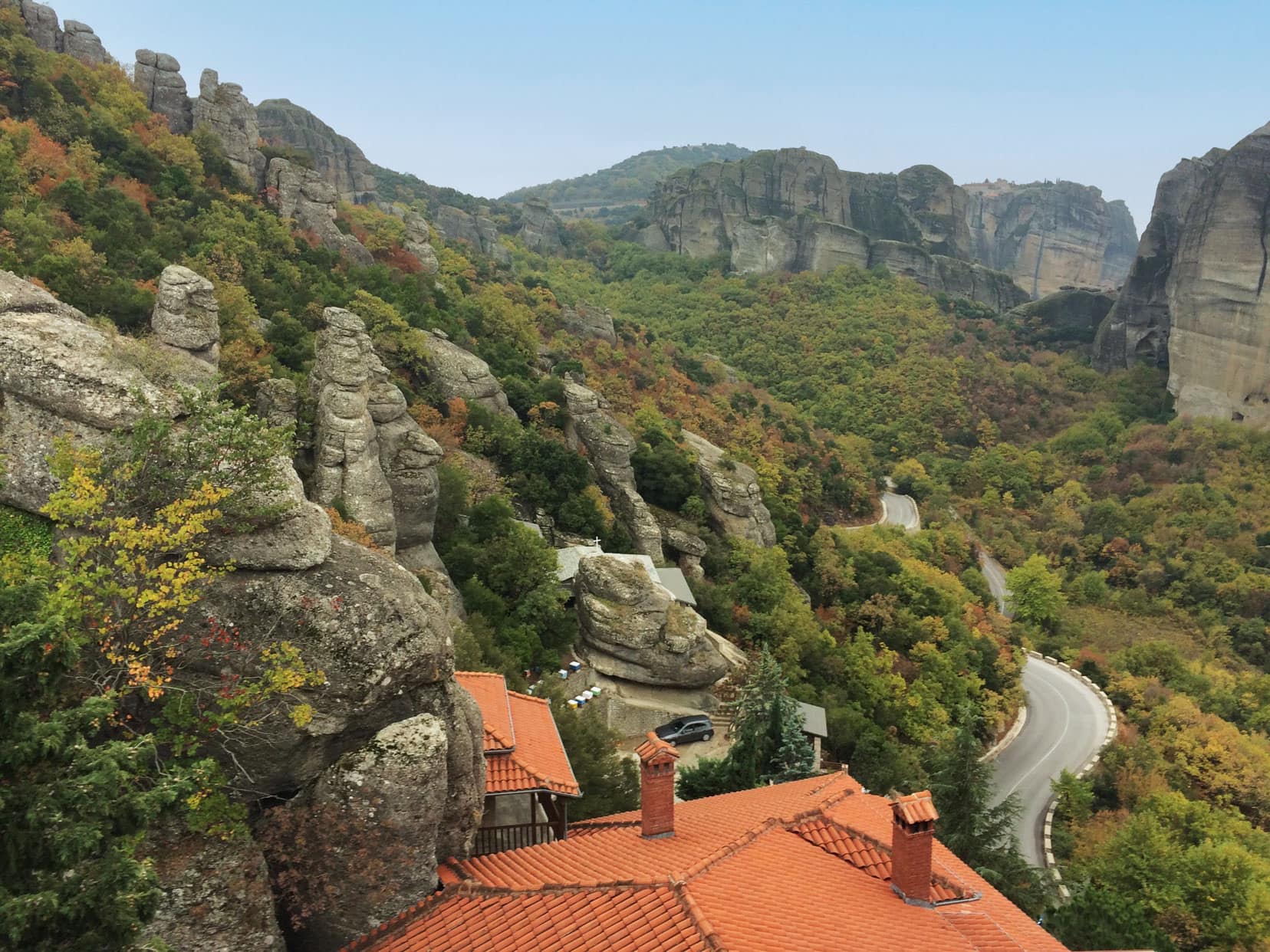 View from a hilltop monastery across meteora and its boulder type mountains