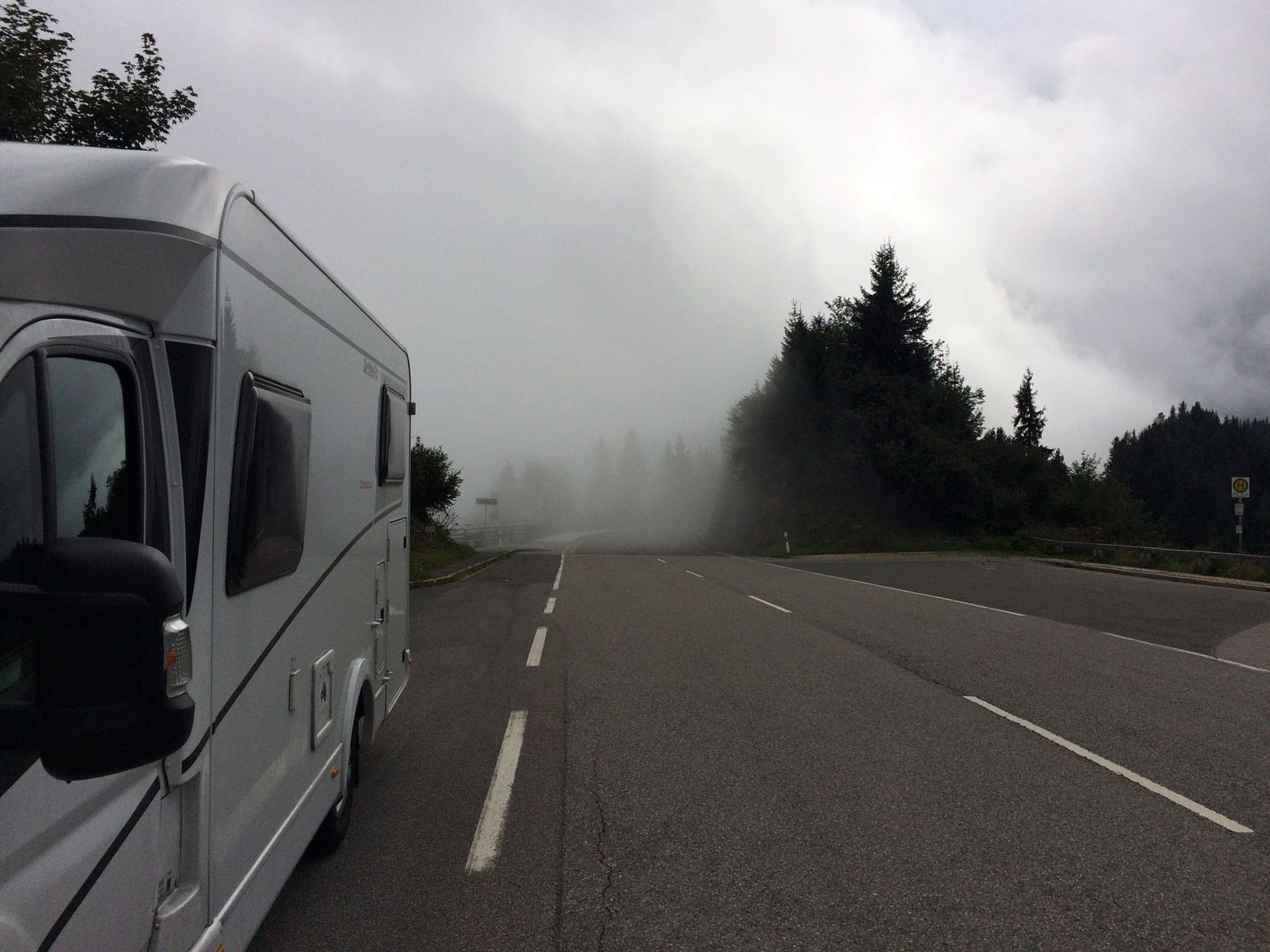 Our motorhome on a foggy road