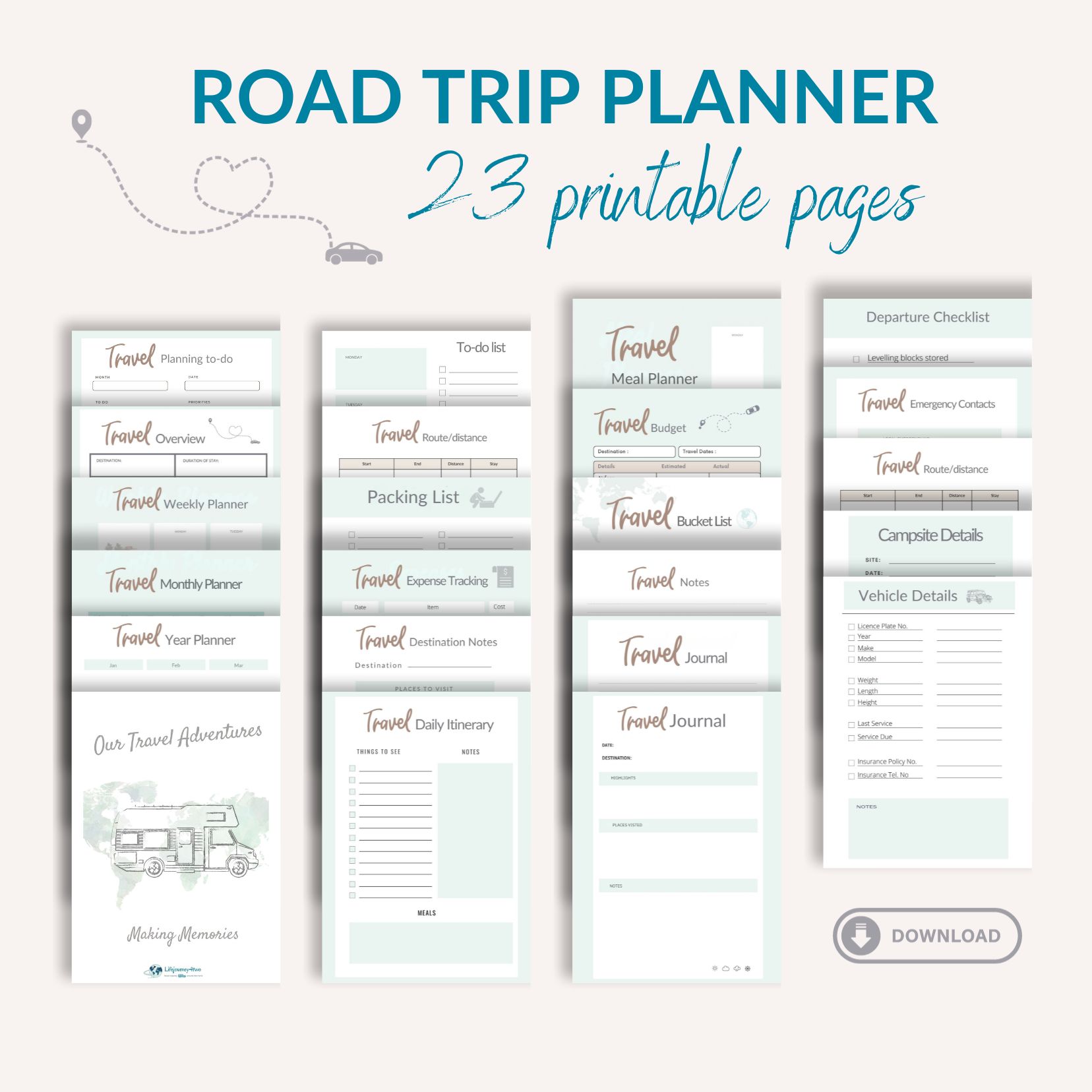 Road trip planner with motorhome as cover page