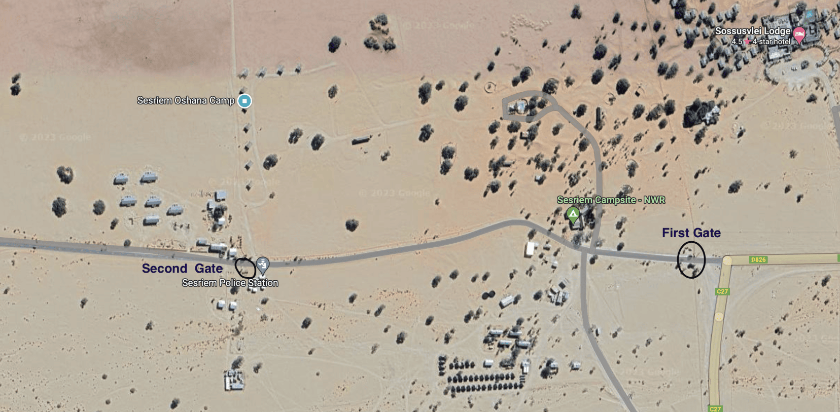 Map showing location of First and second gates into Sossusvlei 