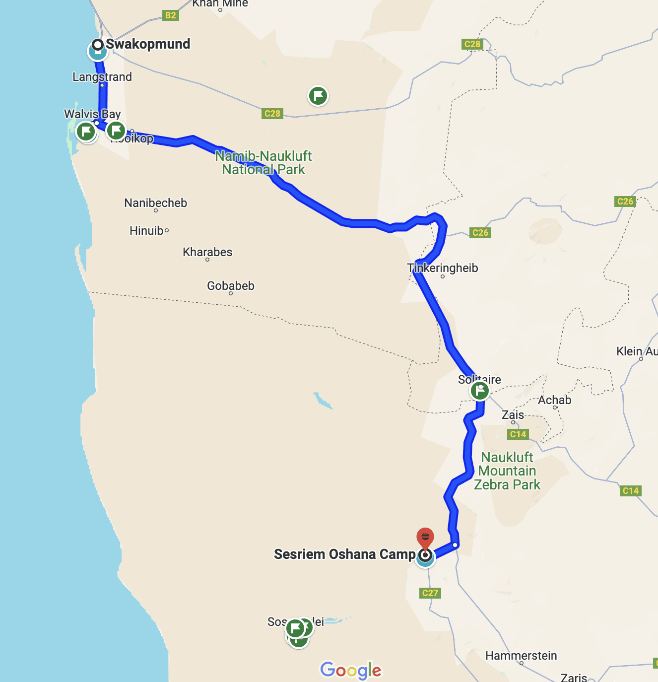 Map showing route from Swakopmund to Sossusvlei