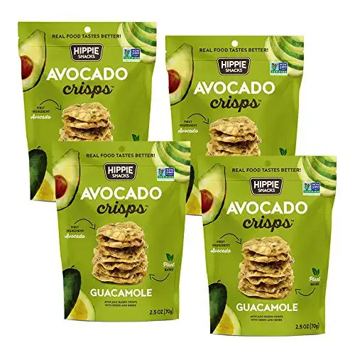 Hippie Snacks Avocado Crisps, Guacamole, Plant-based, High Protein, Gluten Free Snack or Crackers for Charcuterie Boards, 2.5oz (Pack of 4)