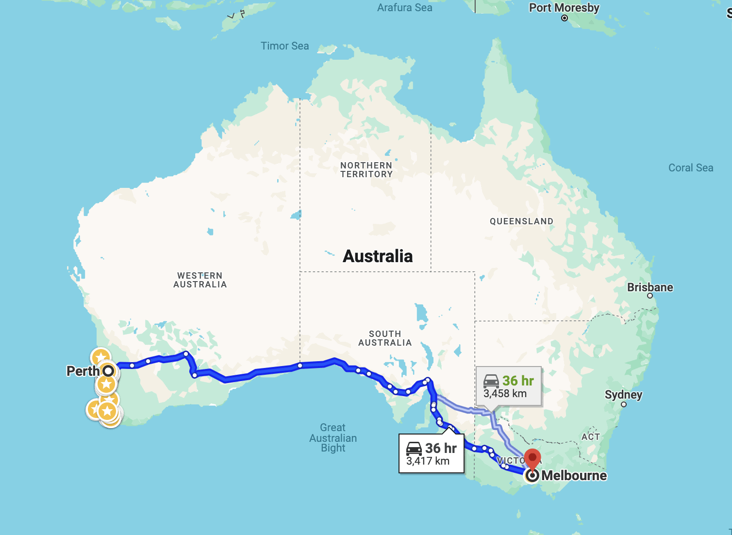 Map of Australia and the route from Perth to melbourne