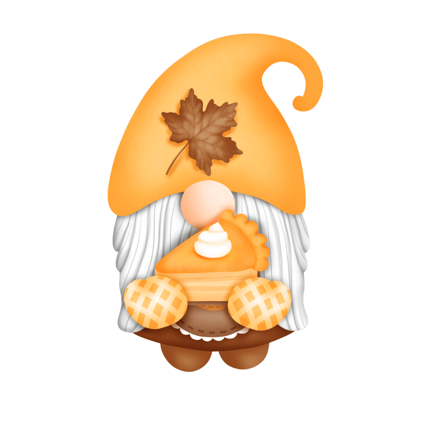 Gnome dressed in orange with a brown leaf on hat and pie in hands
