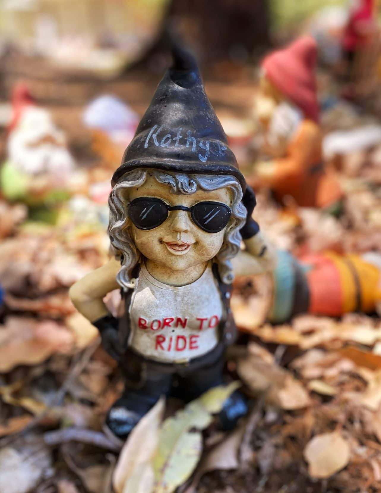 Gnome with "born to ride' on her tee-shirt