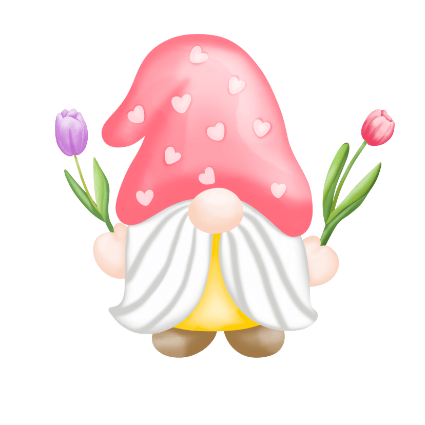 Gnome with a pink hat and holding a tulip in each hand