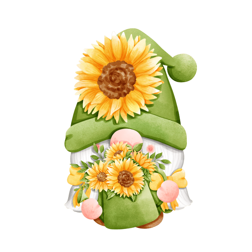 Gnome dressed in green with sunflowers on hat and in plant pot