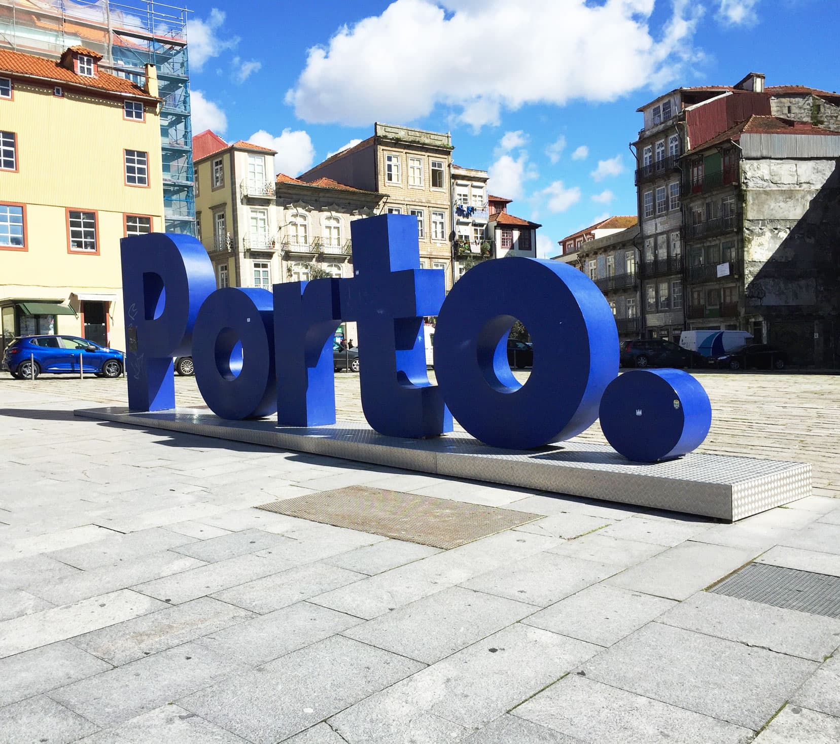 blue large Porto sculpture on pavement 