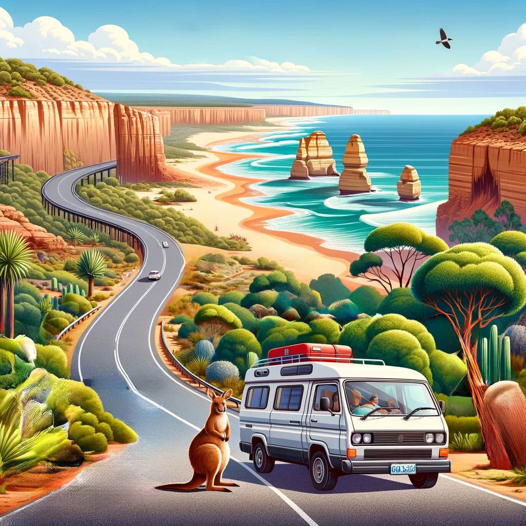 AI created image of perth to Melbourne road trip with Great ocean road and camper and kangeroo in comicbook style