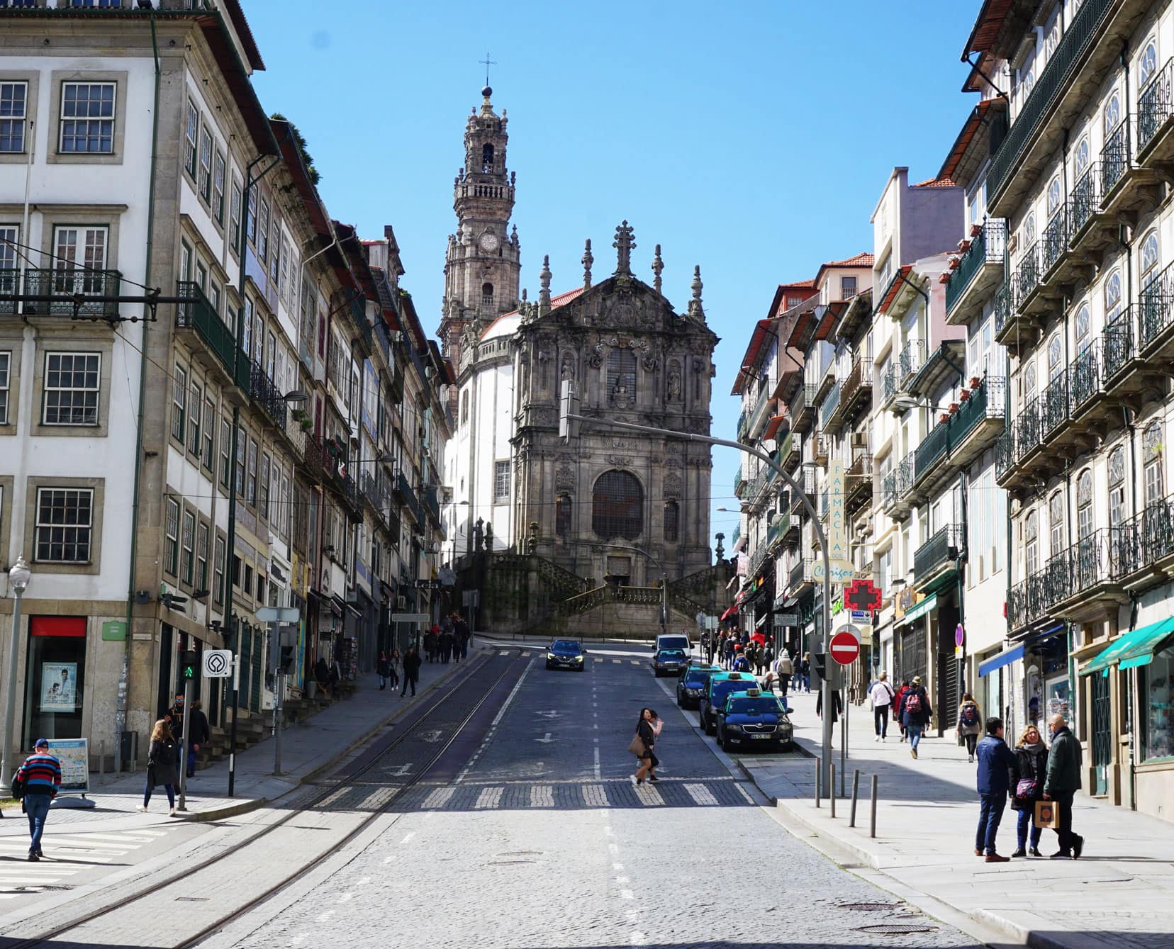 view up a hill in Porto to the Igreja dos Clerigos 
