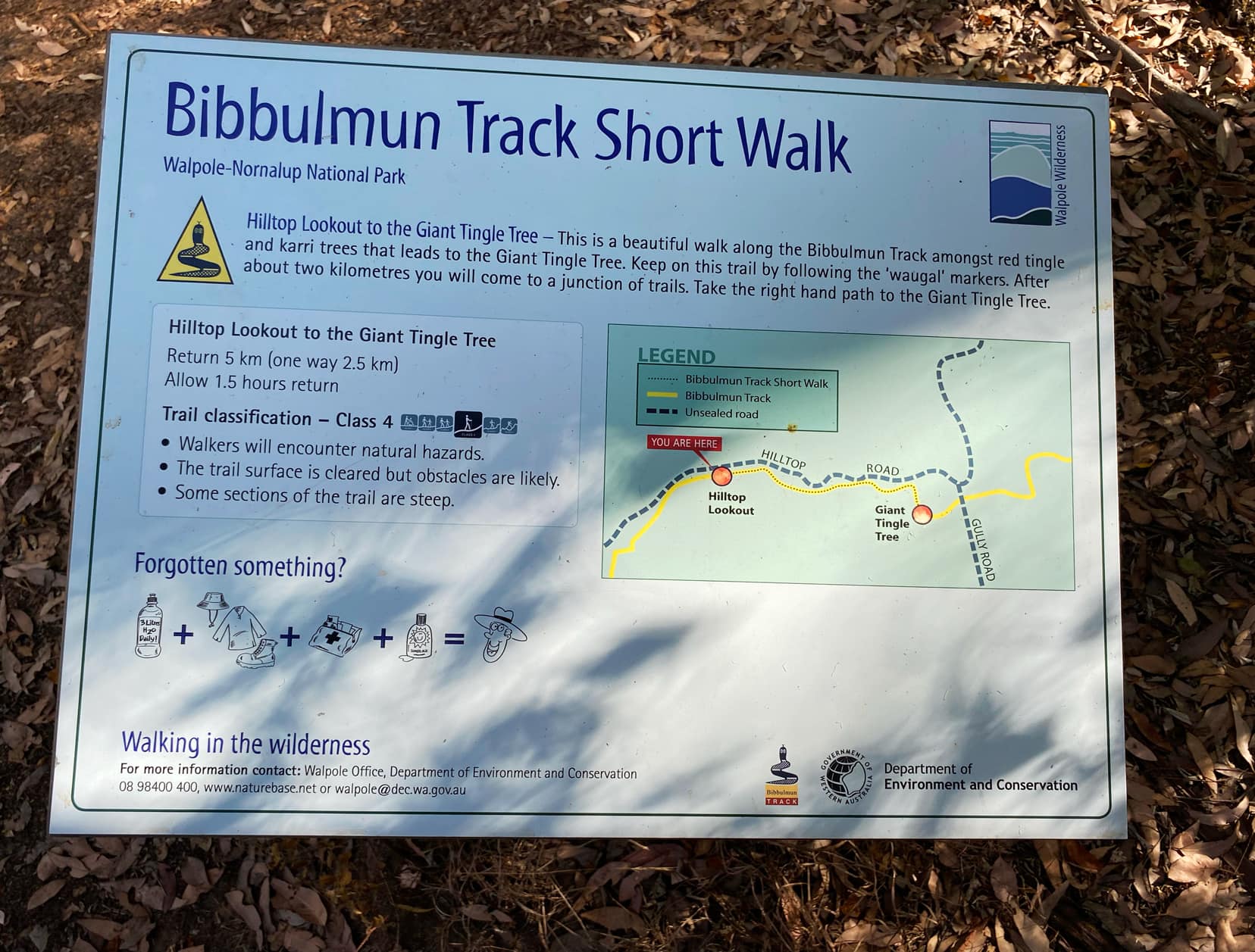 The sign showing the details of the walk from hilltop lookout to the giant tingle tree 
